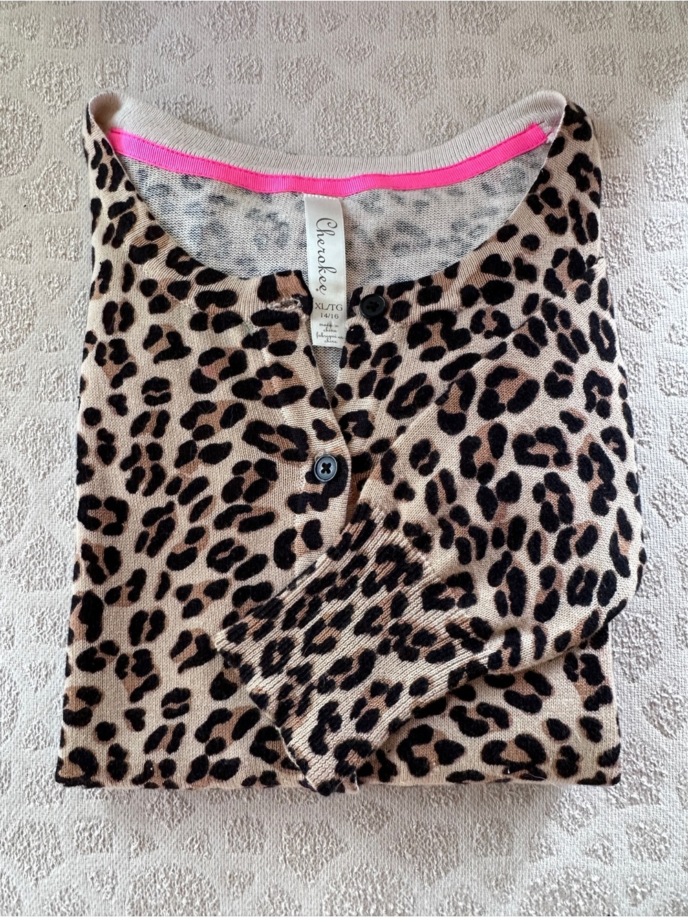 Cherokee Beige and Black Leopard Print Cardigan with Pink Trim